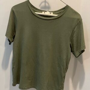 AMO Classic Tee, in Army. Distressing on sleeve edges and hem. New without tags